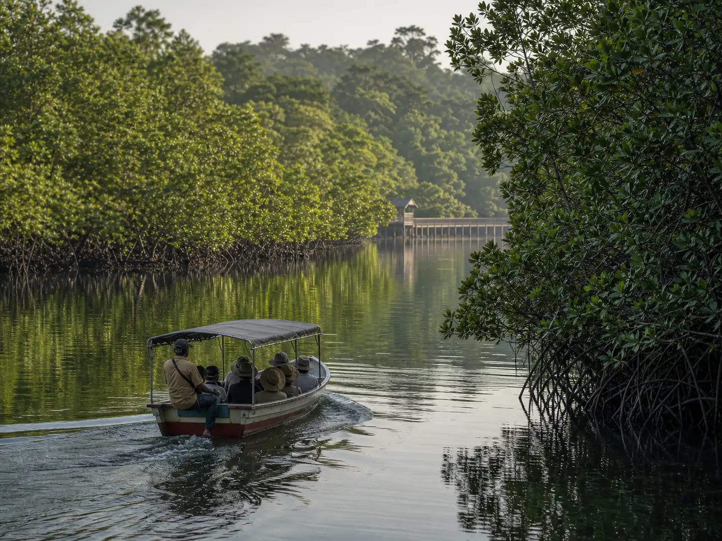 A small boat travelling through a calm Setiu mangrove waterway.